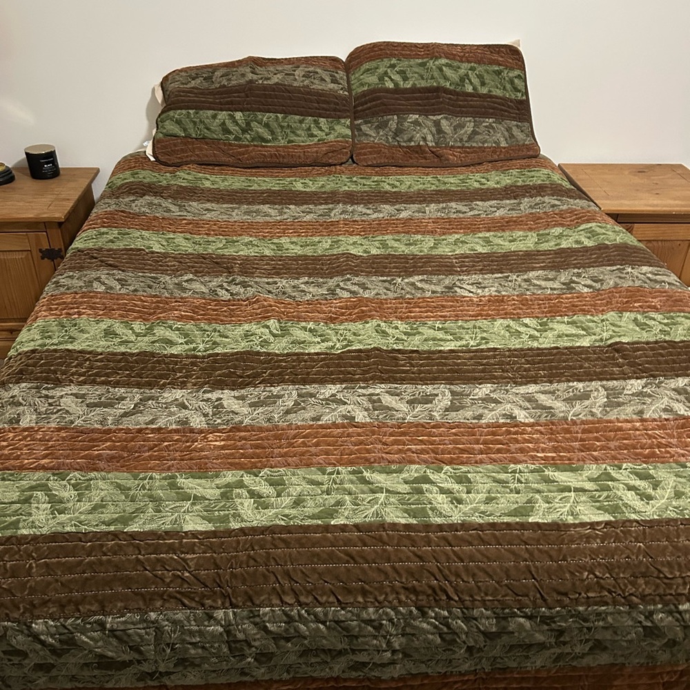 Striped Green and Brown Velvet Queen Quilt Set